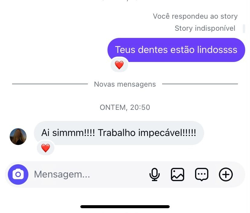 Mensagem de paciente no Instagram elogiando o resultado do tratamento